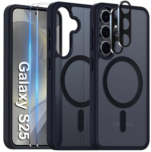 COPIKE Cover Magnetica per Samsung Galaxy S25 con 2 Pezzi Vetro Temperato e 2 Lente Fotocamera Protezione, Custodia Sottile Antiurto Posteriore Glassata Traslucida Anti-Impronte, Opaca Nero