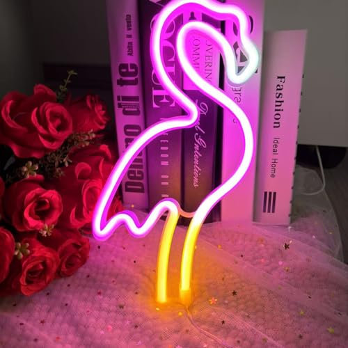 Xusdamyj Flamingo-Neonschild, Flamingo-LED-Dekoration, individuelles Neonschild, Flamingo-Dekor, Sommerparty-Dekor, tropisches Neonschild, personalisierte Geschenke, 1 Stück, Rosa + Gelb