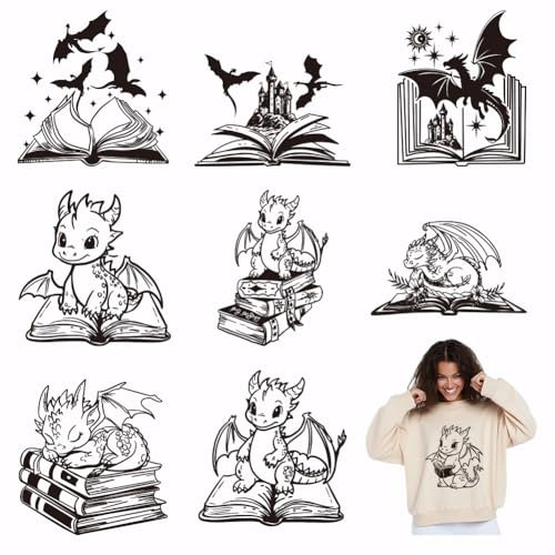 SUPERDANT 9 Blatt Drache Buch Transferpapier zum Aufbügeln Set Kleidung Bügelbilder Wärmeübertragung Patches Für Jungen Kinder T Shirts Kapuzenpullover Segeltuchtaschen Kissen Jacken Bastelarbeiten