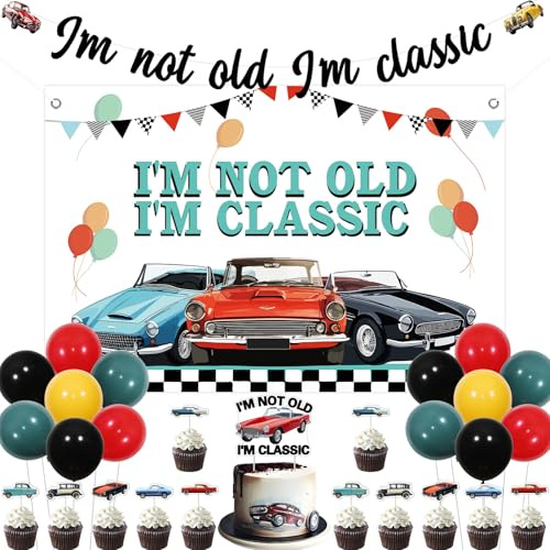kreat4joy Classic Car Themed Birthday Party Decorations, I am Not Old I am Classic Birthday Backdrop Banner Cake Cupcake Topper Balloons for Adult Men Vintage Classic Car Birthday Party Supplies