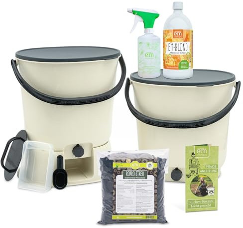 Restemeister Bokashi-Set – 2 Kompost Eimer (15,3 L) + Zubehör & Starter-Kit – Effektive Mikroorganismen & Pflanzenkohle – Nachhaltige Küchenabfallverwertung & Bodenverbesserung (Creme)