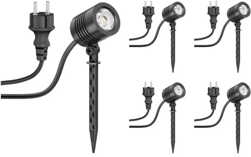 ledscom.de 5 pezzi Piccolo faretto da giardino a LED con picchetto a terra TARL per esterni, IP65, spina, nero, 4,3 W, 340lm, bianco caldo