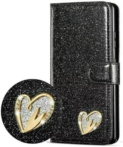 KK KENIK Case For iphone 8 Plus/iphone 7 Plus,Luxury Bling Glitter Flip Leather Wallet Case, Diamond Heart,Card Slots,For iphone 8 Plus / 7 Plus Cover (Black)