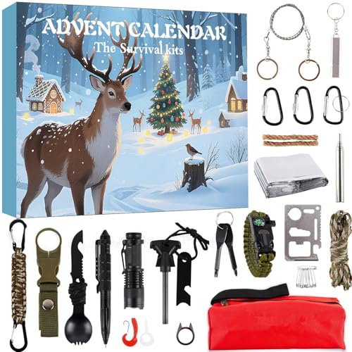 Moerstar Survival Kit Adventskalender 2025 Erwachsene Männer mit Überlebensausrüstung, 24 Tage Weihnachten Countdown Kalender Survival Kit für Wandern Camping Kletterer (Stil2)