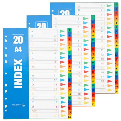 3Er 20 Teilig Aktenordner Trennblätter A4, 1-20 Trenner Ordner Register | Trennblätter Plastik, Inhaltsverzeichnis Ordner Wasserdicht, 11 Löcher Ringbuchregister für Akten und Dokumente Organisation