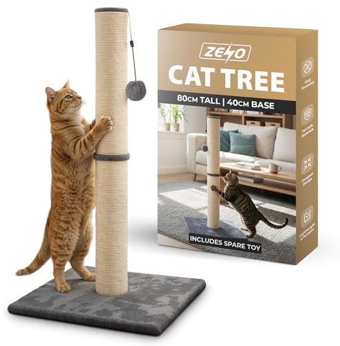 Rex & Roxy Cat Scratching Post 80CM | Tall Sisal Scratch Pole For Indoor Cats | Plush Base Cat Tower With Hanging Toy | Strong Post For Kittens And Large Breeds