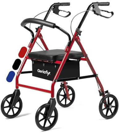 Geriafy Lambda Max Rollator mit 20-cm-Rädern und Sitz, Rot | Höhenverstellbare Griffe 82–92 cm, Rückenlehne, Feststellbremsen und blickdichte Tasche