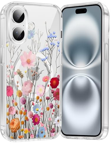 Saqmkil Cover Magnetica per iPhone 16 Plus 6,7,Compatibile con MagSafe, Custodia Aesthetic Disegni Fiori Donne Ragazza Case, Trasparente Morbido Silicone TPU Bumper Antiurto Antigraffio Cover, Rosa 2