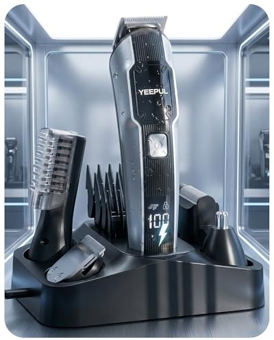 YEEPUL All-in-One Beard Trimmer for Men, 15 in 1 Cordless Grooming Kit with LED Display & Charging Dock, Waterproof Body Groomer & Hair Clippers for Face, Nose, Mustache - USB-C Fast Charging, Grey