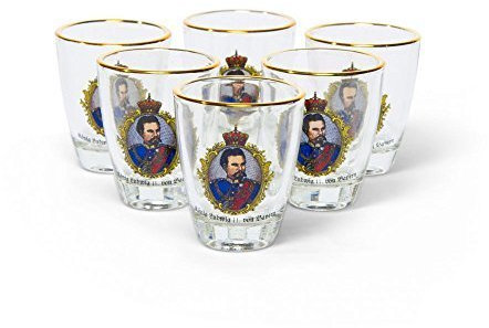 meinherzschlag.de König Ludwig Schnapsgläser (6er Set, 3 cl, Goldrand, Historisch, Rund, König-Ludwig-Motiv, Wiederverwendbar, Glas, Zuhause)