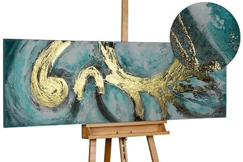 KunstLoft Leinwandbild | 100% HANDGEMALT | 150x50cm | Gemälde 'Enigma' | Abstrakt | Türkis Weiß | Wandbild Wohnzimmer