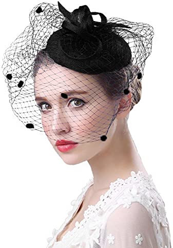 YJZQ Femme Bibi avec Voilette Chapeau Boule Mini Béret Chapeau Melon élégant Voile de Cérémonie Déguisment Soirée Chapeau serré tête Vintage à Pois Voile Mariage en Filet de Boucle
