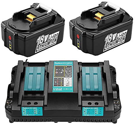 2x replacement 18V 5.0Ah BL1850B battery replacement battery with Fast Charger DC18RC DC18RD for Makita BL1830B BL1840B BL1850B BL1860B, Makita Radio DMR105 DMR108 DMR110 BVC350Z, BCF201Z, BCL180Z
