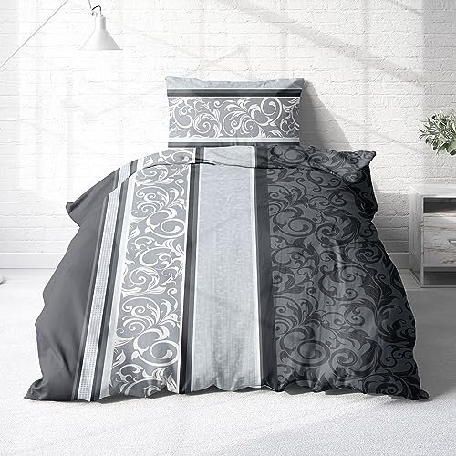 Träumschön Biber Bettwäsche Set 2tlg 135x200 cm + 80x80 cm – Flauschige Paisley Bettwäsche Silber – Weiche Winterbettwäsche - Atmungsaktiv, Warm & Hautfreundlich - 100% Baumwolle