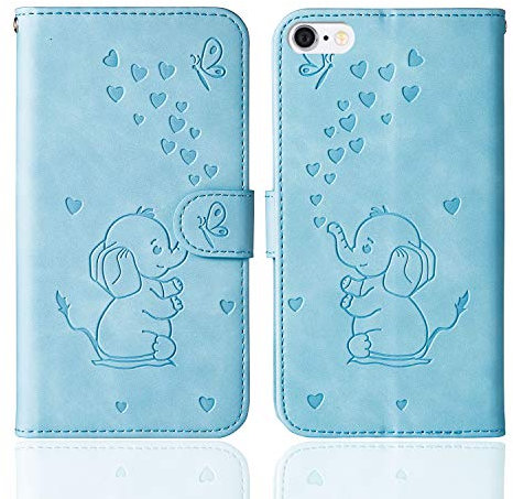 Tiyoo Phone case for Iphone 6/6s Embossed Love Heart Elephant Butterfly Pattern Folding Stand PU Leather Wallet Flip Cover Protective Case with Card Slots, Magnetic Closure (Blue)