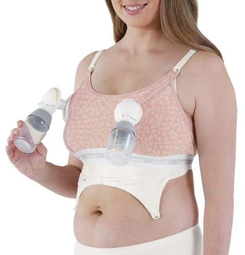BRAVADO! DESIGNS Women's Maternity Clip and Pump Hands-Free Nursing Bra Accessory, Pi, Pink Leopard, XL