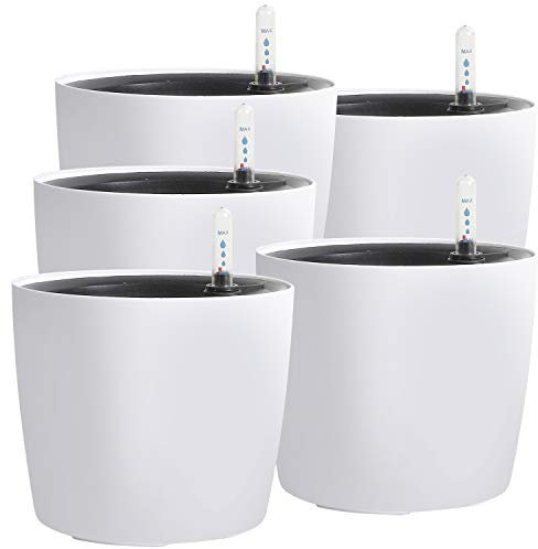 KINJOEK 5 Packs 7 Inch Self Watering Pot with Water Level Indicator, Modern Garden Decorative White Flower Pot, Flowers, African Violets, Succulents, White