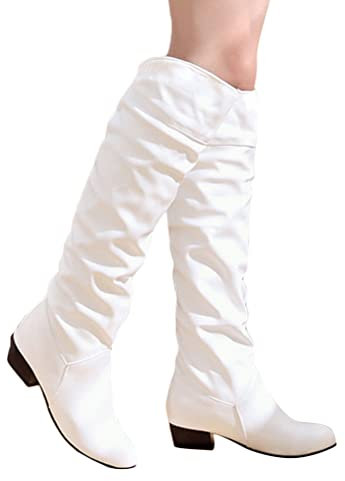 ORANDESIGNE Stivali in Pelle da Donna Stivali Medi con Punta Tonda e Tacco Grosso Comodo Caldo Stivali Alti Fibbia della Cintura Cerniera Laterale Autunno Inverno C Bianco 39 EU