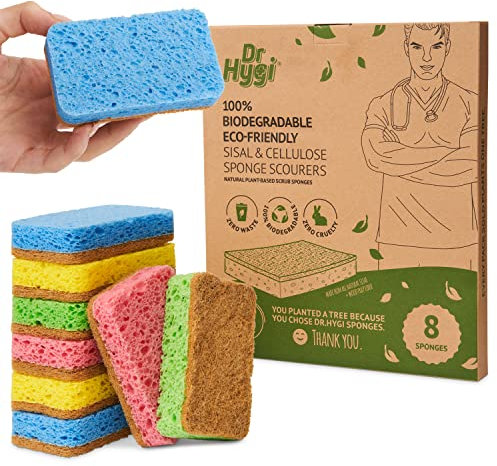DR HYGI Schrubb schwämme, natürlicher Sisal und Zellulose Spülschwamm, 100% biologisch abbaubar, Kein Verlust Badezimmer, Küchen und Spülschwämme in 4 lustigen Farben (8erPack ÖkoSchwämmeSet)