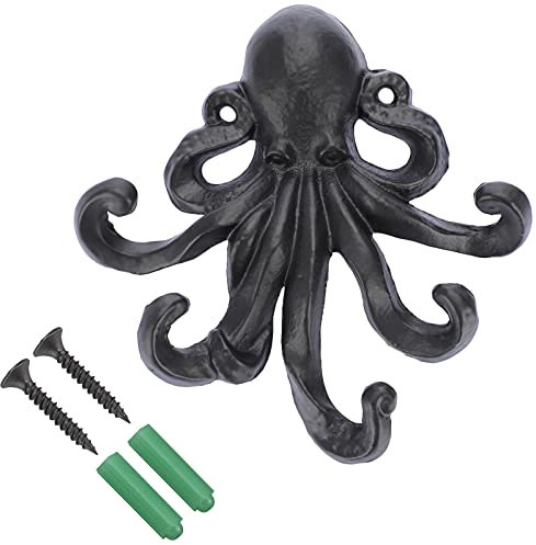 Sumnacon 6 Inch Cast Iron Octopus Coat Hook - Rustic Metal Wall Rack for Key Towel Bag, Hat Scarf with Screws, Decorative Duty Clothing Hanger for Bedroom Bathroom Kitchen Balcony Entry Door, Black