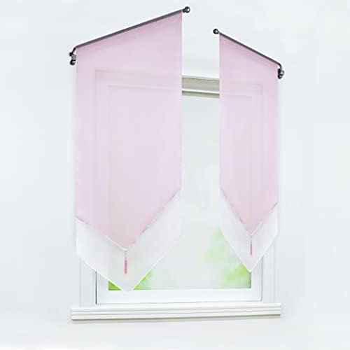 Joyswahl 1 Pièce Rideau Brise Bise Passe Tringle sans Percage avec Frange à Pompon Transparent Tamisant Lumière Elegant Rideaux de Cuisine Rose LxH 60x90cm