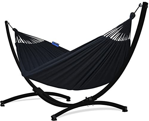 Potenza Outdoor Hängematte mit Gestell für 2 Personen I Baumwolle Doppelhängematte XXL 220x160, 200kg I Hängemattengestell 220kg, wetterfest (Schwarz, Gestell Schwarz)