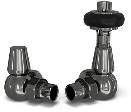 UK Radiators Black Nickel Thermostatic Radiator Valve and Corner Lockshield Valve - Polished Black Nickel Finish - Traditional Design 1/2 x 15mm Wooden Head Radiator Valve