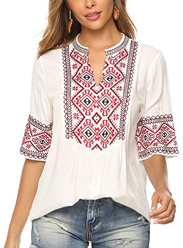 Seasonal Ucraina Camicetta Estiva Donna Tunica Ricamo folcloristico Tops Boho Hippie Maniche Corte Top Allentato(073,Bianco,XL)
