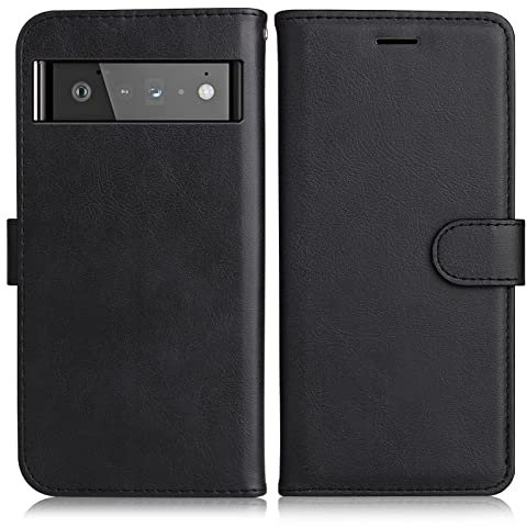 DENDICO Hülle für Google Pixel 6 Pro, PU Leder Brieftasche Handyhülle, Flip Tasche TPU Schutzhülle mit Kartenfach für Google Pixel 6 Pro, Schwarz