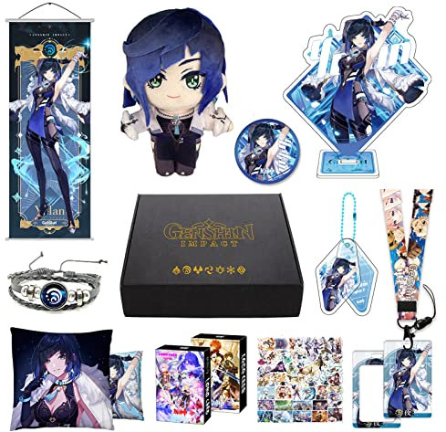 MOTAO Genshin Impact Box Yelan Merch Set - Plüschpuppe, Poster, Kissenbezug, Standfigur, Armband, Abzeichen, Schlüsselanhänger, Kartenhalter, 30 Lomo Karten, 50 Aufkleber (Yelan)