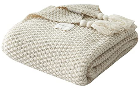 MRBRON Tagesdecke mit Fransen Kuscheldecke Boho Decke aus Strick, Plaid, Sofa, Tischdecke, Tagesdecke, Nordisch, Warm, Weich, Handgefertigt für Strand, Picknick (Weiß,150x200CM)
