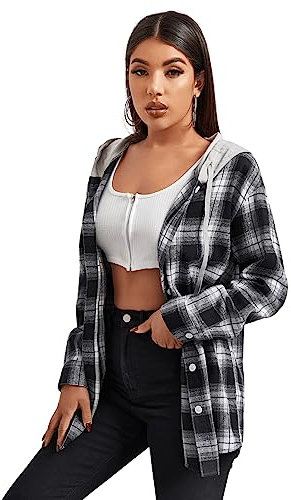GORGLITTER Damen Kariertes Hemd Blusen mit Kapuze Karo Muster Overshirt Plaid Boyfriend Hemdbluse Karohemd Button-down Langarm Blusenshirt Schwarz und Weiß M