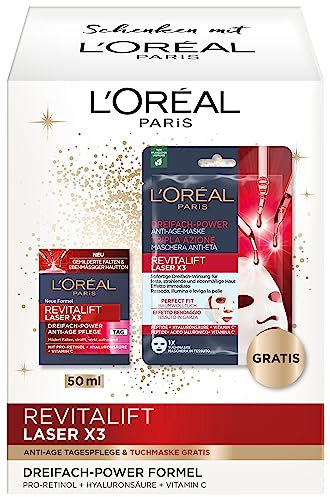L'Oréal Paris Anti-Age Gesichtspflegeset mit Tagespflege und Tuchmaske, Mit Pro-Retinol, Hyaluronsäure & Vitamin C, Revitalift Laser X3, 2-teilig