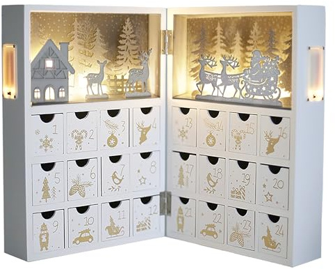 PIONEER-EFFORT Wooden Christmas Advent Calendar Book with LED-lit Winter Forest Scene - 24 Drawer Countdown with Fine Silver Reindeer & Snow Design - Decorative & Functional Gift Storage for Kid