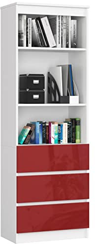 AKORD Büro-Bücherregal CLP 60 cm | 3 Schubladen 2 Einlegeböden Stehend | für Schrank Wohnzimmer Schlafzimmer Bücherregale| Minimalistisch | Laminierte Platte 16 mm | Farbe Weiß | Rot glänzend