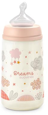 Suavinex Biberón 270 ml Con Tetina Anatómica de Silicona, Válvula Anticólico, Flujo Medio (M) Para Bebés 0-6 Meses, Dreams Rosa
