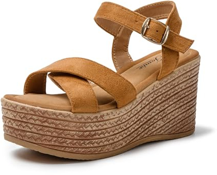 JOMIX Sandalias Mujer Verano con Cuñas Esparto Sandalias Cuña Mujer Piel Sandalias Mujer Comodas Playa Piscina Mar con Hebilla, Marrón, 39 EU