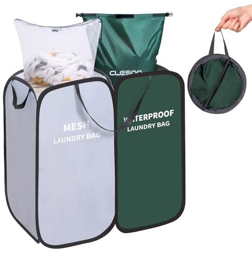 Wäschekorb Faltbar mit Wasserdicht Wäschesack & Abnehmbar Wäschenetz, Pop Up Wäschesammler 2 Fächer, 85L Groß Laundry Baskets mit Griff Wäschesortierer Wäschetonne Wäschetruhe für Bad Waschraum Reisen