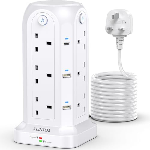 Tower Extension Lead 5M, 12 Way Surge Protection, 4 Individual Switches, 6 USB Slots [2 Type C & 4 USB A], White Tower for Home, Office