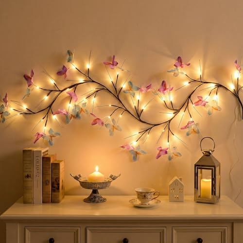 XINXIANLIAN Luz de vid de sauce con flores de mariposa LED luces de árbol de pared interior plantas artificiales ramas de árbol luces de 5.6 pies 8 modos flexible encantada decoración de Navidad