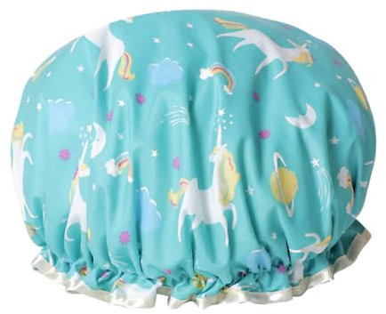 Women Shower Cap Reusable Bath Cap, Double Thickening Waterproof Hair Caps Shower Cap for Home Use, Hotel, Spa, and Hair Salon (Blue Unicorn)