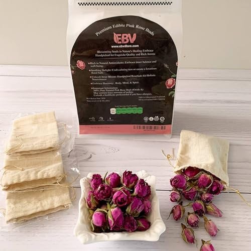 100-Gr Premium Edible Pink Rose Buds Includes 3 Reusable Tea Bags -100% Pure,Exquisite Quality & Rich Aroma_ Edible Flowers Use in Tea, Baking Decoration, Desserts, Crafting -Dried Rosebuds