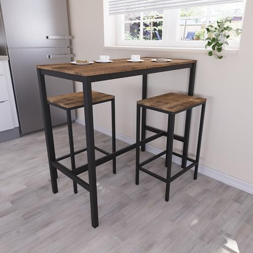 Vida Designs Roslyn 2 Seater Bar Table Set, Breakfast Bar Table with 2 Bar Stools, Industrial Steel Frame (Dark Wood)