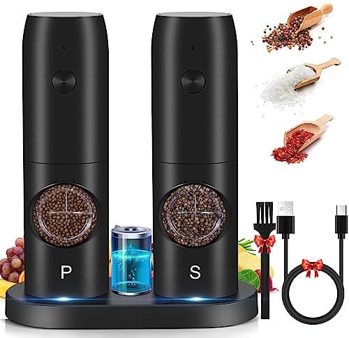Electric Salt and Pepper Grinder Set,Lycasia USB Rechargeable Salt and Pepper Grinder Set with Base,Coarseness Adjustable Pepper Grinder with LED Light,Automatic Grinder for Kitchen