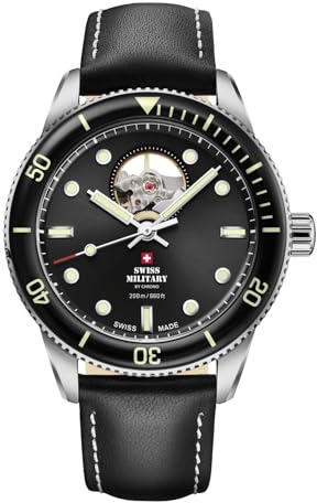 Swiss Military by Chrono Herren Uhr Armbanduhr Automatik Uhrwerk mit Edelstahl Lederarmband Analoge Herrenuhr Silber SMA34106.15
