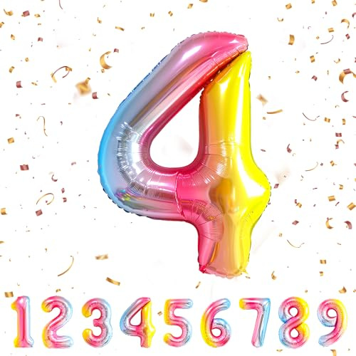 Geburtstag zahlen luftballon 4 jahre | Regenbogen Folienballon 4 XXL -Riesen Folienballon in 40 - 101cm Geburtstagsdeko - Ballon Zahl Deko zum Geburtstag .Fliegt mit Helium