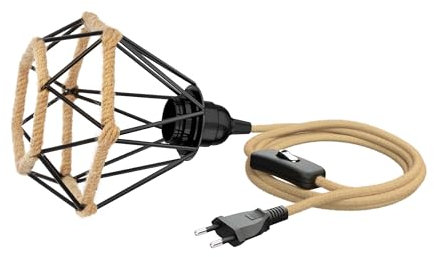 ledscom.de Käfig-Leuchte, schwarz mit Hanf, 155mm Ø, Hanfkabel LEKA, Stecker, Schalter und E27 Fassung, 3 m