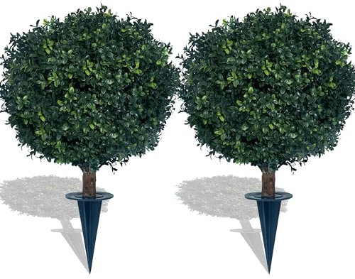 Arbusto de bola de boj artificial de 27 pulgadas, resistente a los rayos UV, clasificado con estaca. Fácil de empujar en el suelo. La planta se ve genial en una maceta en cualquier lugar. Decoración
