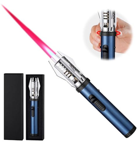 Vegena Jetflamme Feuerzeug, 20cm Sturmfeuerzeug Gas Nachfüllbar, Winddicht Langes Stabfeuerzeug, Feuerzeug Sturmfeuerzeug, Abschließbar Sturmfeuerzeug für Kerzen, Grill, Küche(Ohne Butangas) (Blau)