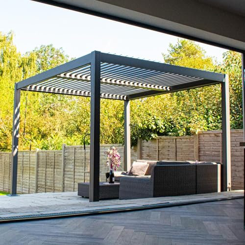 BPS Deluxe Full Aluminium Pergola | 3x3m Aluminium Pergola with Dual Zone Roof | Louvered Roof | Garden Canopy | Sun Shade | Anthracite Grey
